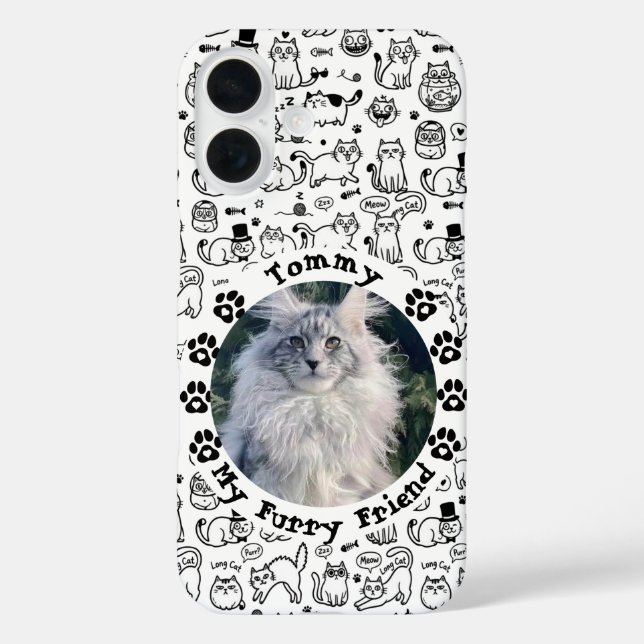Black & White Custom Cat Photo and Name  iPhone 16 Hülle (Rückseite)