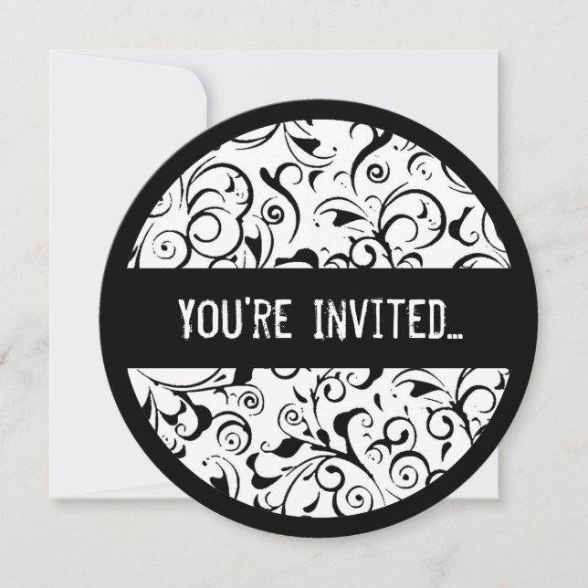 Black white damask doux 16 invitations cercle (Devant)