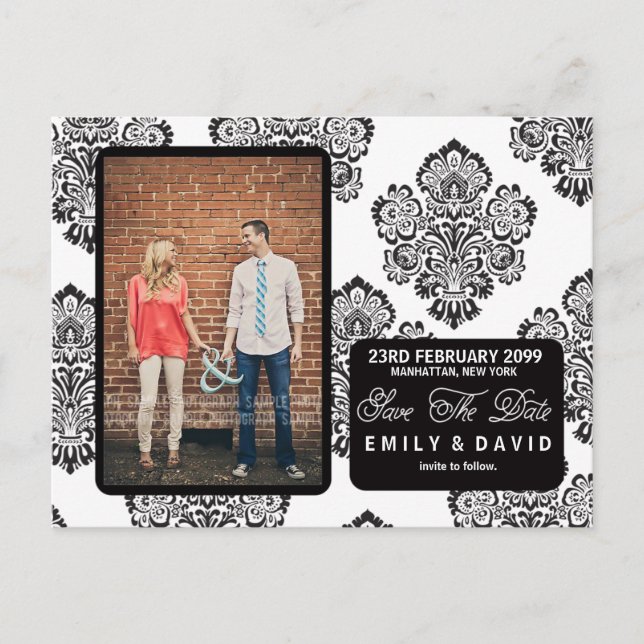 Black White Damask Enregistrer la date Photo Carte (Devant)