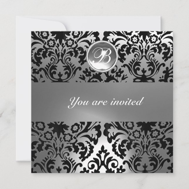 BLACK & WHITE DAMASK GEM STEIN MONOGRAM EINLADUNG (Vorderseite)