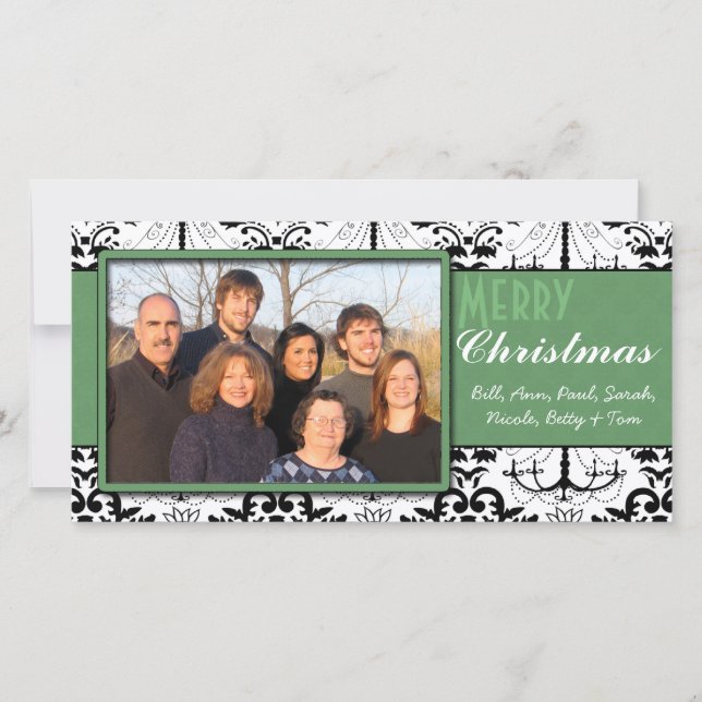 Black & White Damask Green Trim Frohe Weihnachten (Vorderseite)