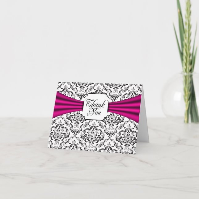 Black White Damask Hot Pink Merci Cartes de notes (Devant)