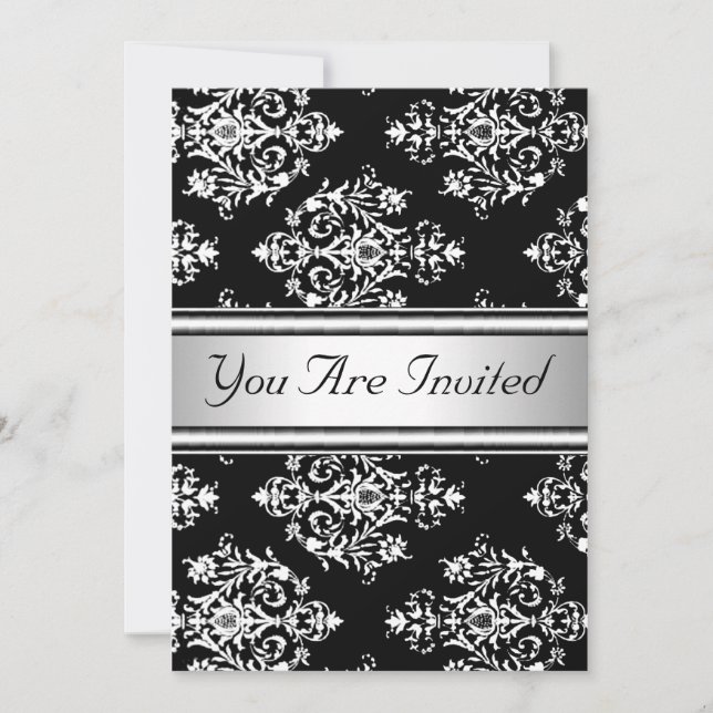 Black White Damask Invitation de fête d'anniversai (Devant)