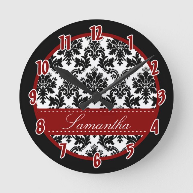 Black & white Damask Lace Rouge Horloge personnali (Recto)