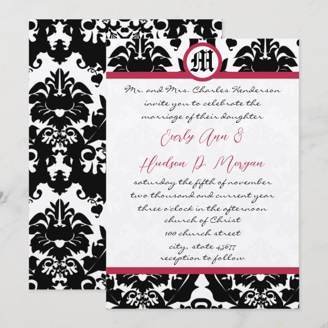 Black & White Damask Magenta Trim Wedding Einladung (Vorne/Hinten)