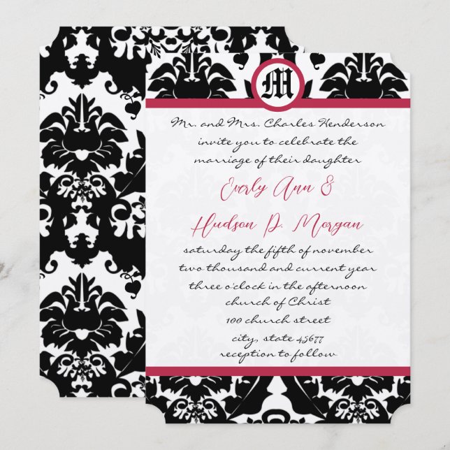 Black & White Damask Magenta Trim Wedding Einladung (Vorne/Hinten)