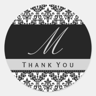 Black & White Damask Monogram Wedding DANK YOU St Runder Aufkleber