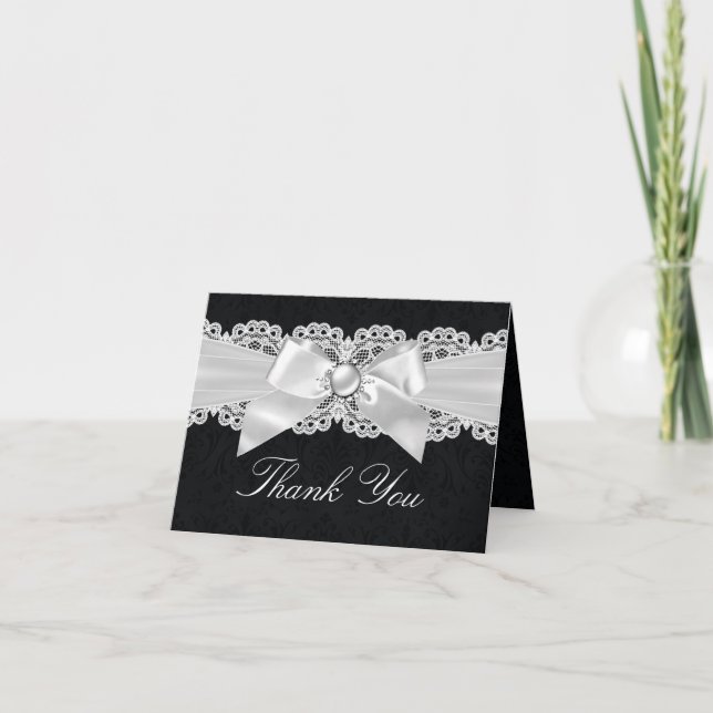 Black & White Damask & Pearl Bow Danke-Karte Dankeskarte (Vorderseite)