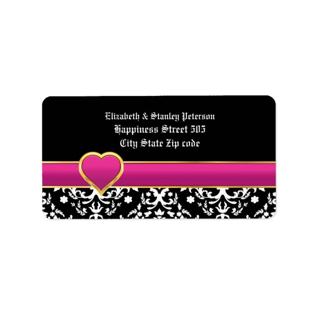 Black white damask & purple heart wedding label adressaufkleber (Vorne)