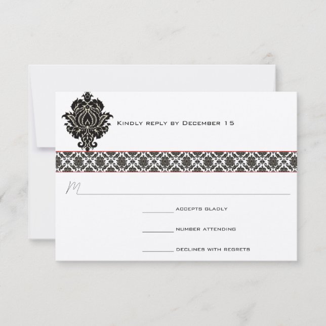 Black & White Damask Red Trim Wedding Response RSVP Karte (Vorderseite)