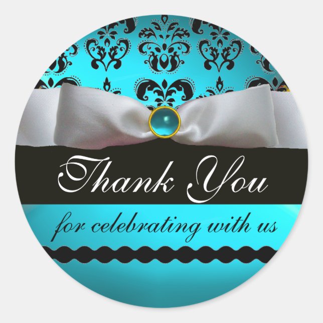 BLACK & WHITE DAMASK RIBBON BLUE GEM Vielen Dank Runder Aufkleber (Vorderseite)