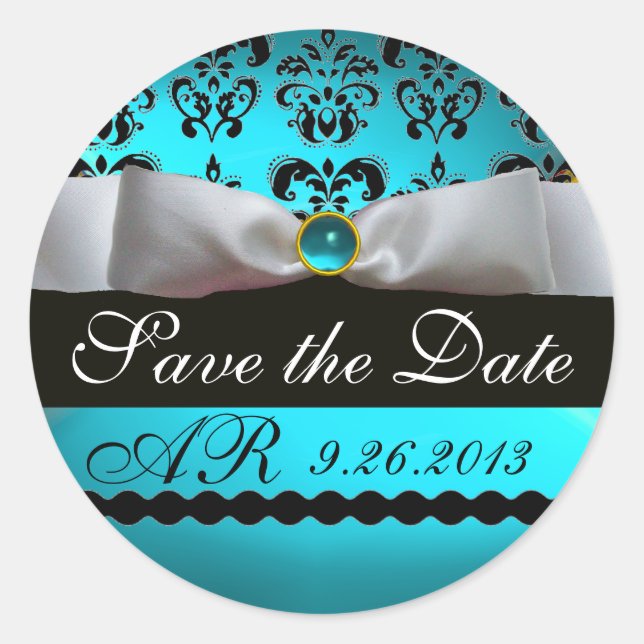 BLACK & WHITE DAMASK RIBBON MONOGRAM RUNDER AUFKLEBER (Vorderseite)