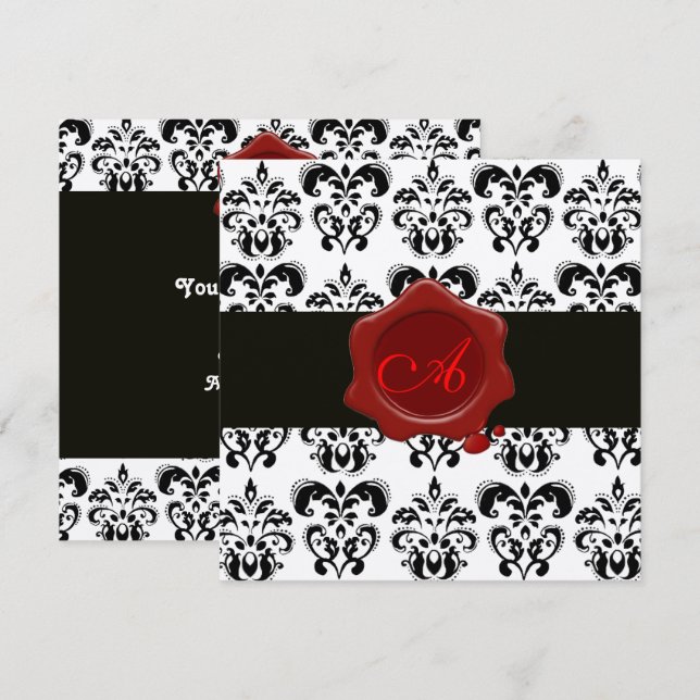 BLACK & WHITE DAMASK, ROTES WAX SIEGEL MONOGRAM Si Einladung (Vorne/Hinten)