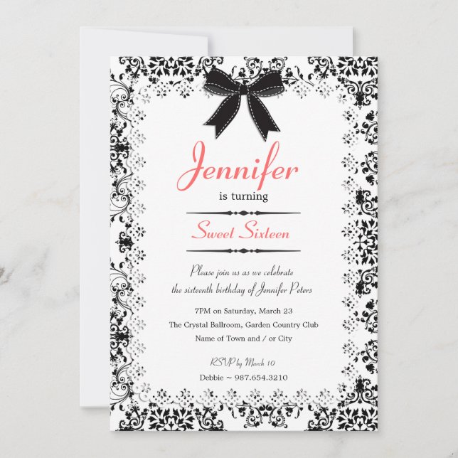 Black & White Damask Sweet 16 5x7 Invitation (Devant)