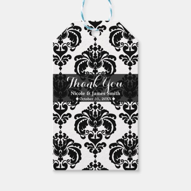 Black & White Damask Vintage Wedding Event Gefalle Geschenkanhänger (Vorderseite)