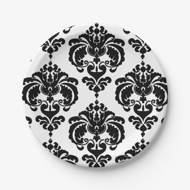 Black & White Damask Vintage Wedding Event Party Pappteller (Vorderseite)