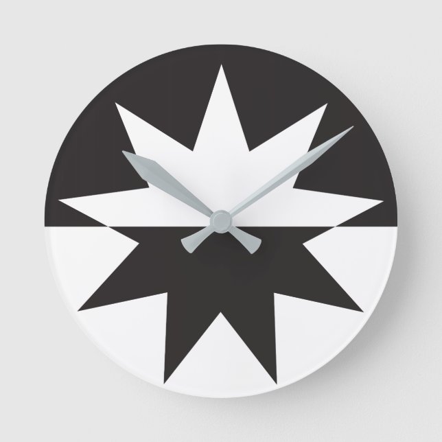 Black White Deco Star Sunburst Runde Wanduhr (Vorderseite)