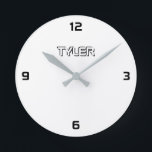 Black & White, DIY Name in White & Black Outline Runde Wanduhr<br><div class="desc">Black and White design with personalized Name in White and Black Outline with 4 black hour numbers.</div>