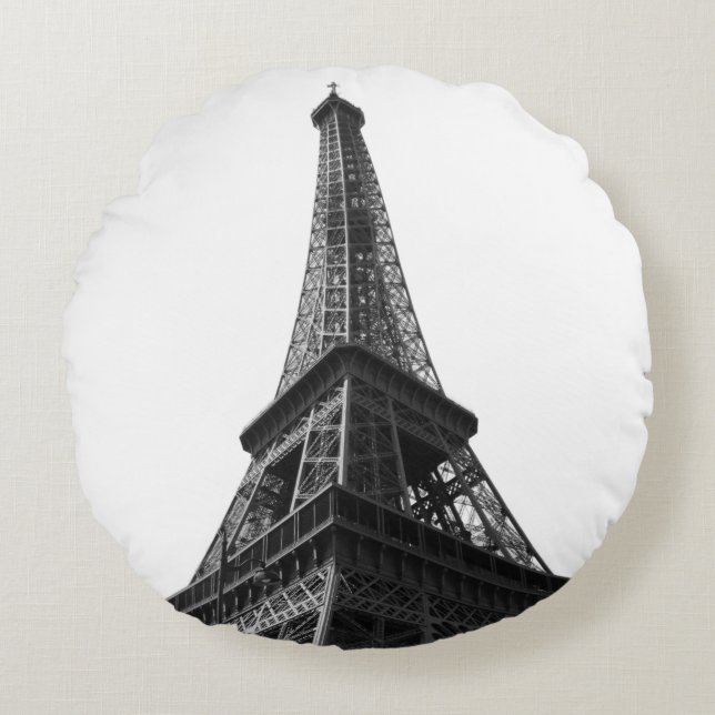 Black & White Eiffel Tower Paris Europa Reisen Rundes Kissen (Vorderseite)