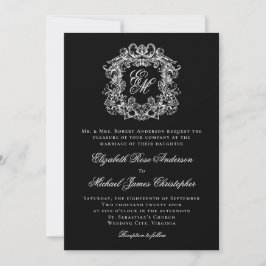 Black White Elegant Monogram Crest Wedding Einladung