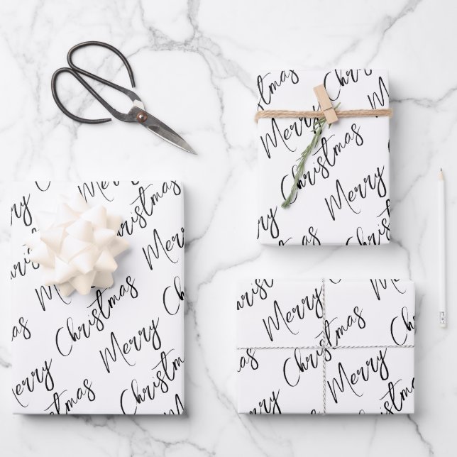 Black White Elegant Script Merry Christmas Geschenkpapier Set (Vorderseite)