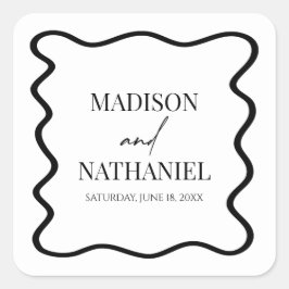Black White Elegant Wavy Border Wedding Quadratischer Aufkleber