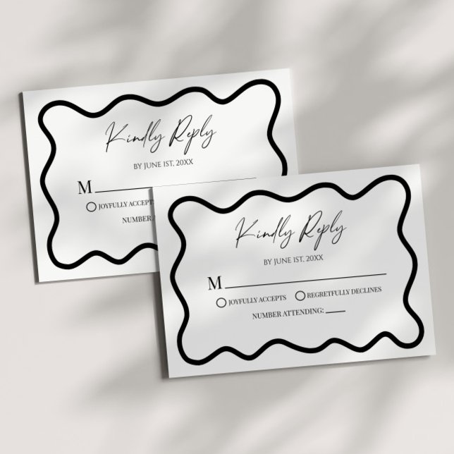 Black White Elegant Wavy Border Wedding RSVP Card (Créateur téléchargé)