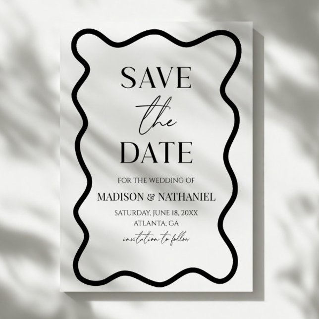 Black White Elegant Wavy Border Wedding Save The Date (Von Creator hochgeladen)