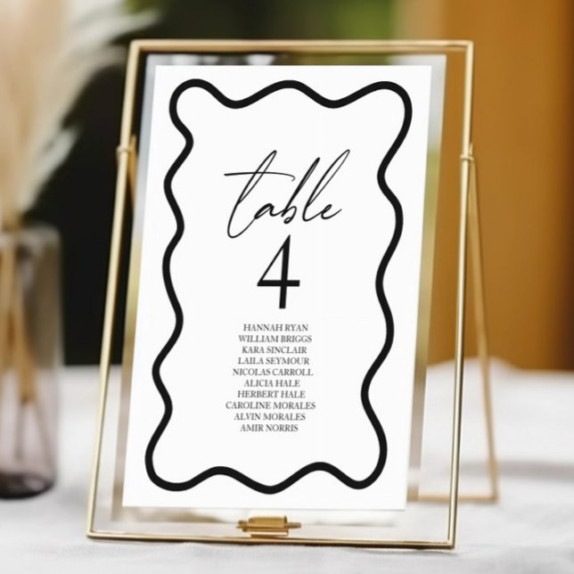 Black White Elegant Wavy Border Wedding Tischnummer (Von Creator hochgeladen)