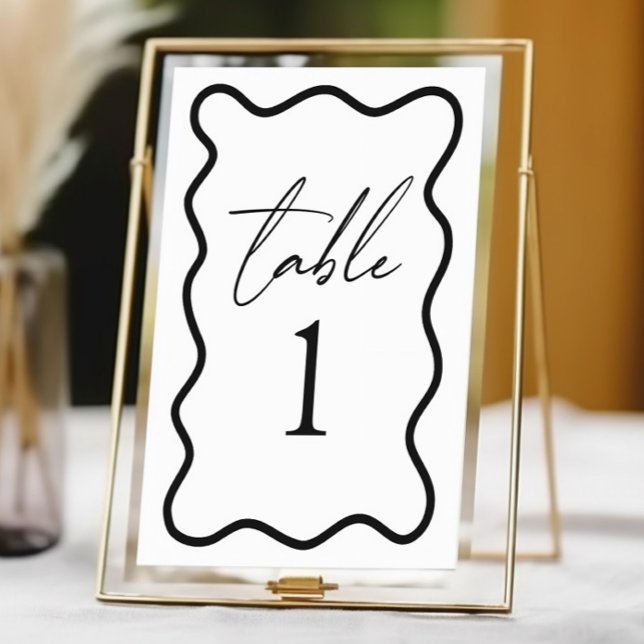 Black White Elegant Wavy Border Wedding Tischnummer (Von Creator hochgeladen)