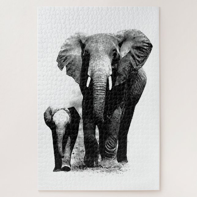 Black & White Elephant & Baby - Tiere Art (Vertikal)