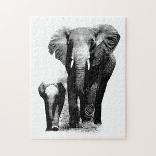 Black & White Elephant & Baby - Tiere Art
