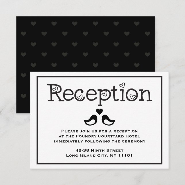 Black & White Empfang Lovebirds Herz Hochzeit Einladung (Vorne/Hinten)