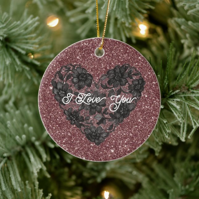 Black White Faux Lace Heart Floral  Keramik Ornament (Baum)