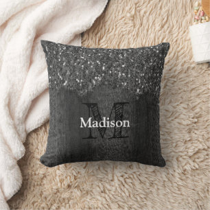 Black white faux sparkles rustic wood Monogram Kissen