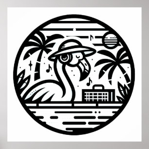 Black & White Flamingo Headphones & Music Tropics Poster