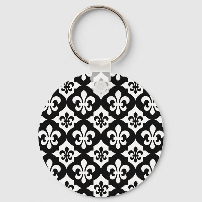 Black White Fleur De Lis Pattern Schlüsselanhänger (Vorderseite)