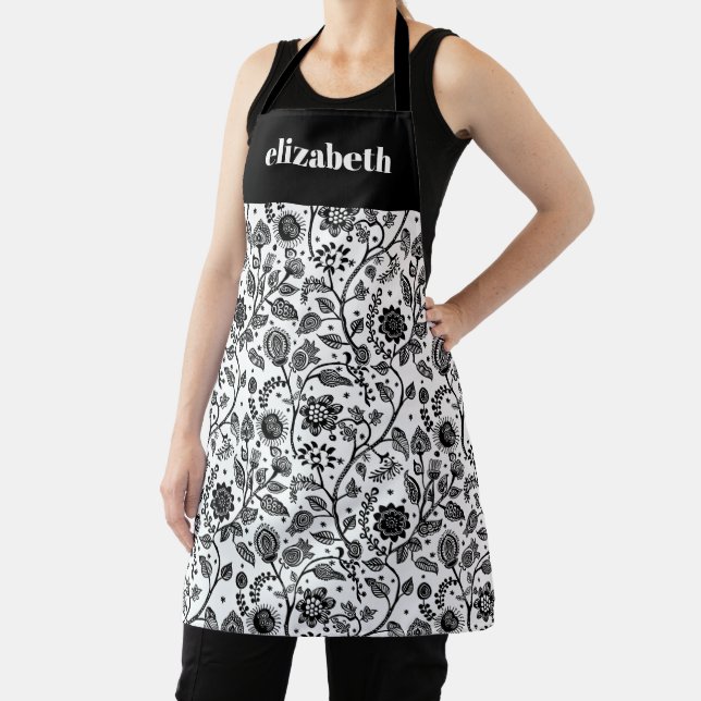 Black White Floral Botanical Boho Custom Name Bold Schürze (InSitu)