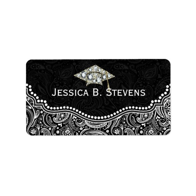 Black & White Floral Paisley Abschluss Hat Adressaufkleber (Vorne)