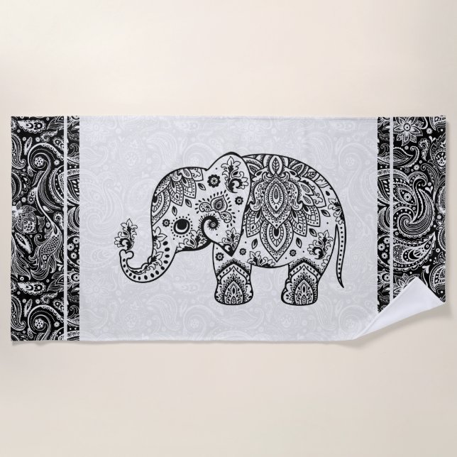 Black & White Floral Paisley Elephant Strandtuch (Vorderseite)