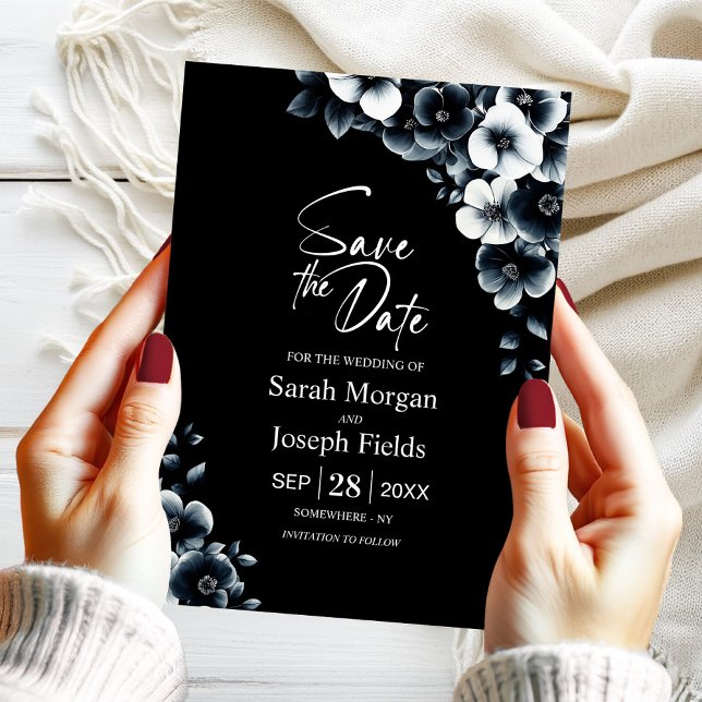 Black White Floral Save the Date Einladung (Von Creator hochgeladen)