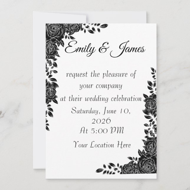 “Black & White Floral Wedding Invitation (Devant)