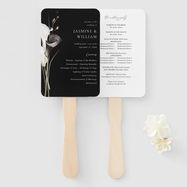 Black & White Floral Wedding Programm Black Fächer (Vorne und Hinten)