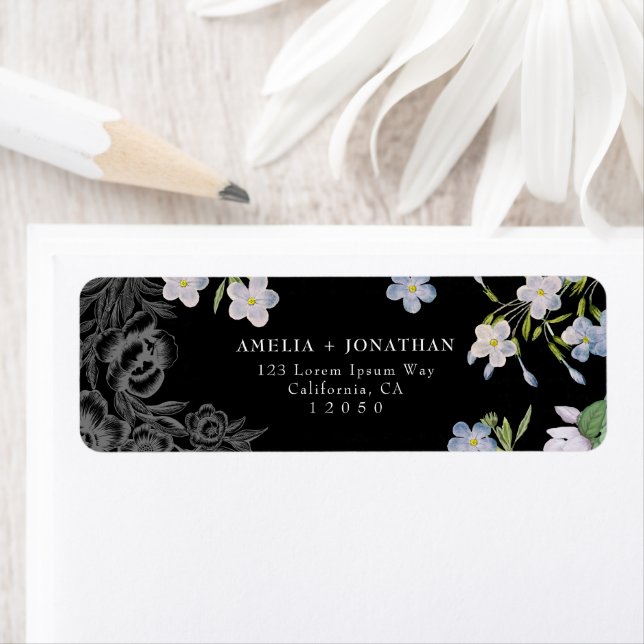 Black & White Floral Wedding return address labels (Insitu)