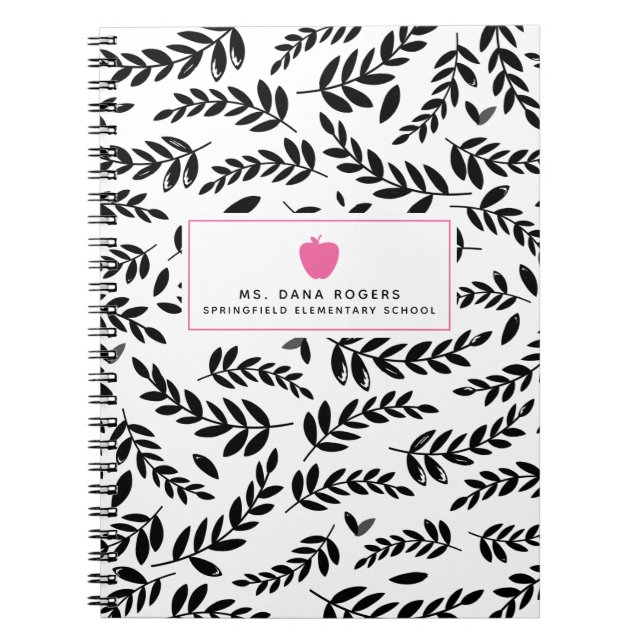 Black + White Foliage Pink Apple Teacher Notebook Notizblock (Vorderseite)