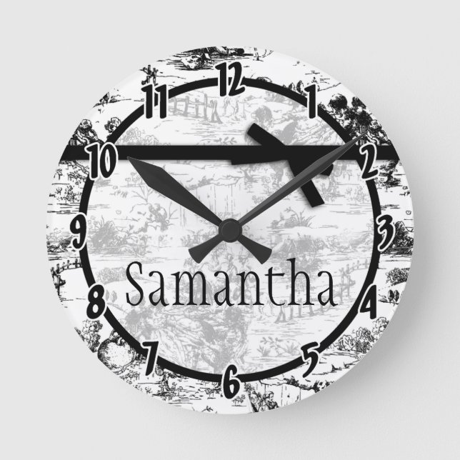 Black White French Fabric Toile Personalized Clock Runde Wanduhr (Vorderseite)
