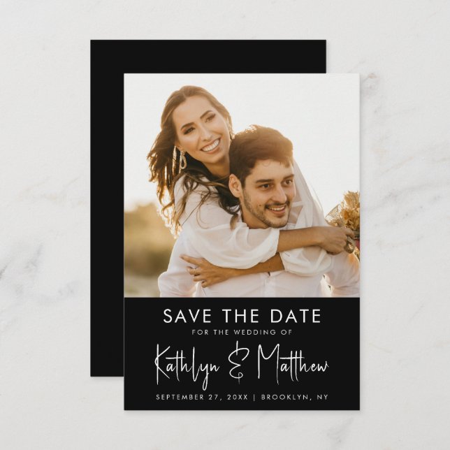 Black & White Fun Script Modernes Foto Hochzeit Save The Date (Vorne/Hinten)