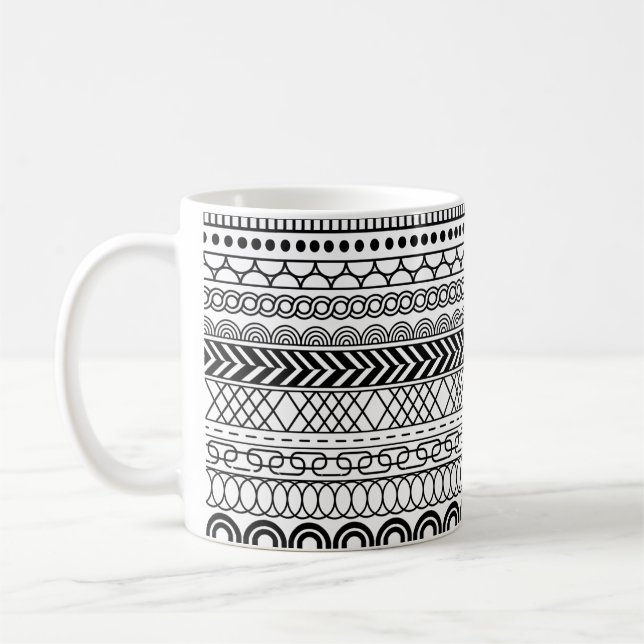 Black & White Geometric Border Sampler Pattern Kaffeetasse (Links)