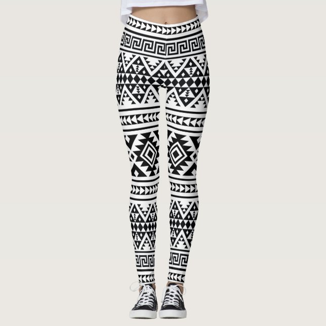 Black White Geometric Tribal Pattern Aztec Boho Leggings (Vorderseite)