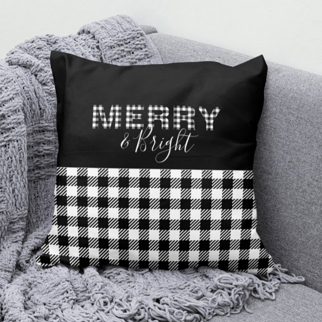 Black & White Gingham Buffalo Karo Merry & Bright Kissen (Merry and Bright Gingham / Buffalo Check Pillow in Black and White)